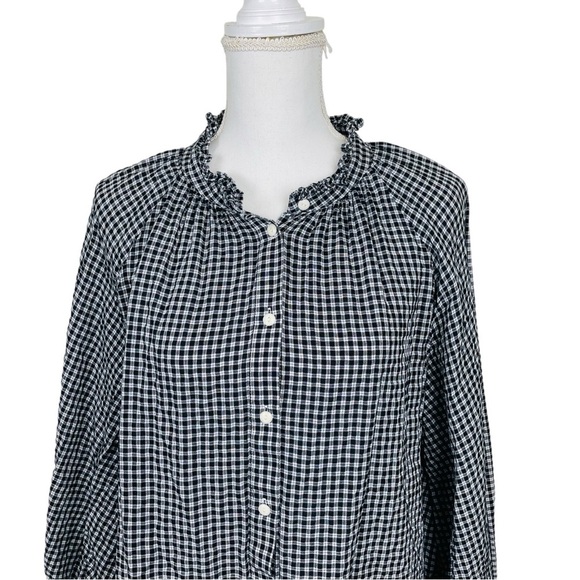 J.Crew Ruffleneck Button-up Shirt in Black and White Plaid Soft Gauze Size 14 - Picture 6 of 12